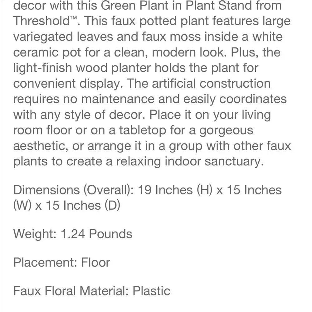 THRESHOLD NWT green plant in stand -19x15x15